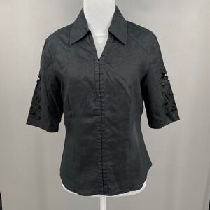 Sioni Irish Linen Blouse Women Sz M Black Cutout Floral Embroidery Hook Eye Top
